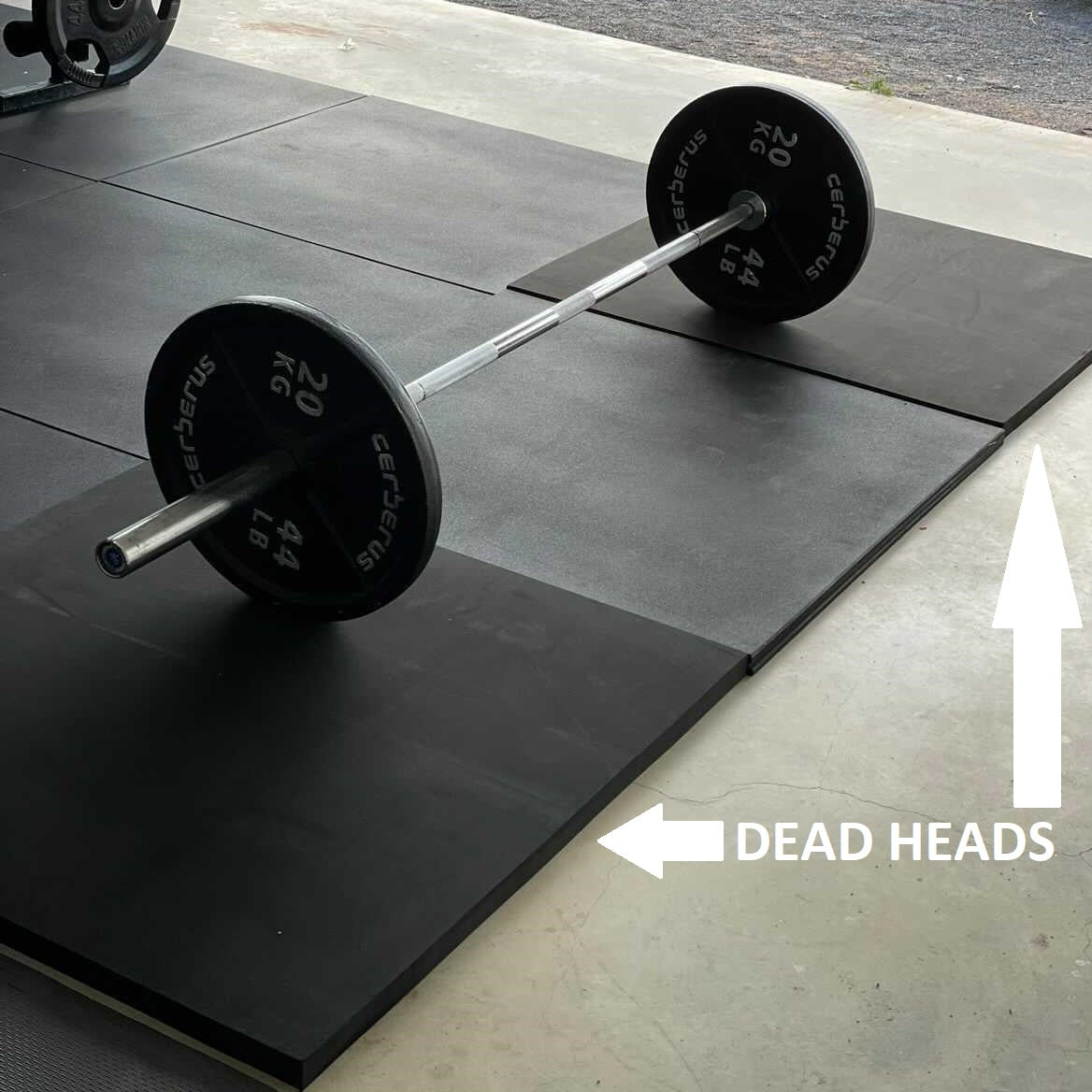 Image of a barbell with weights resting on the Rolley Master dead heads installed with regular gym tiles