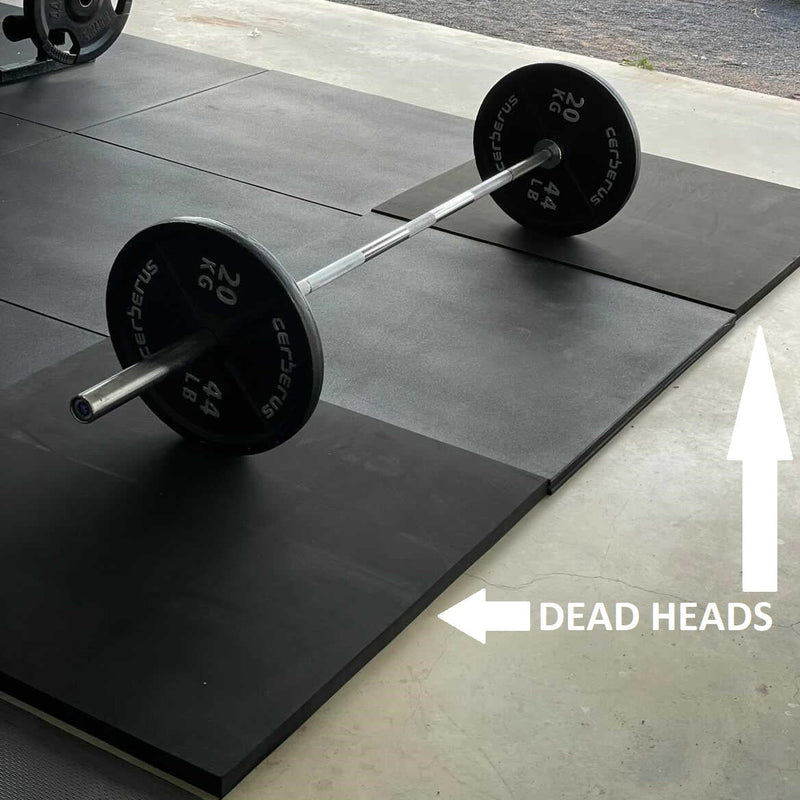 Image of a barbell with weights resting on the Rolley Master dead heads installed with regular gym tiles